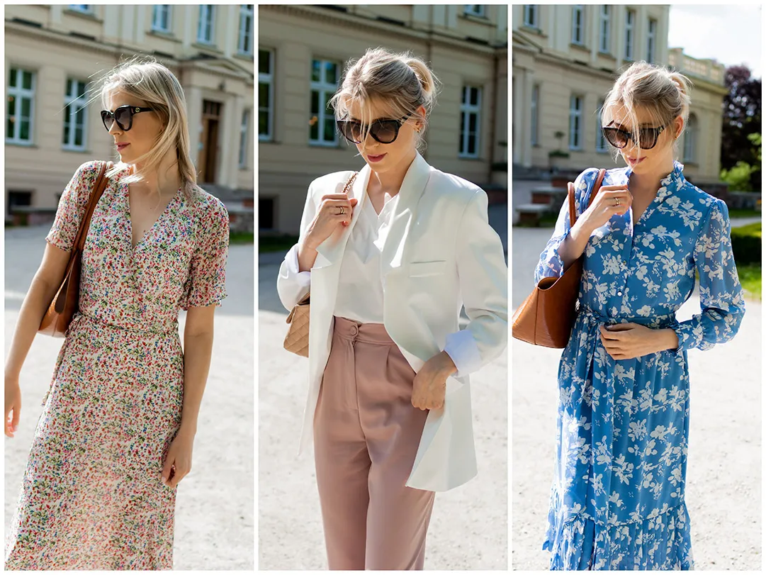 Eleganckie stylizacje na zjazd rodzinny, sukienka midi, garnitur damski