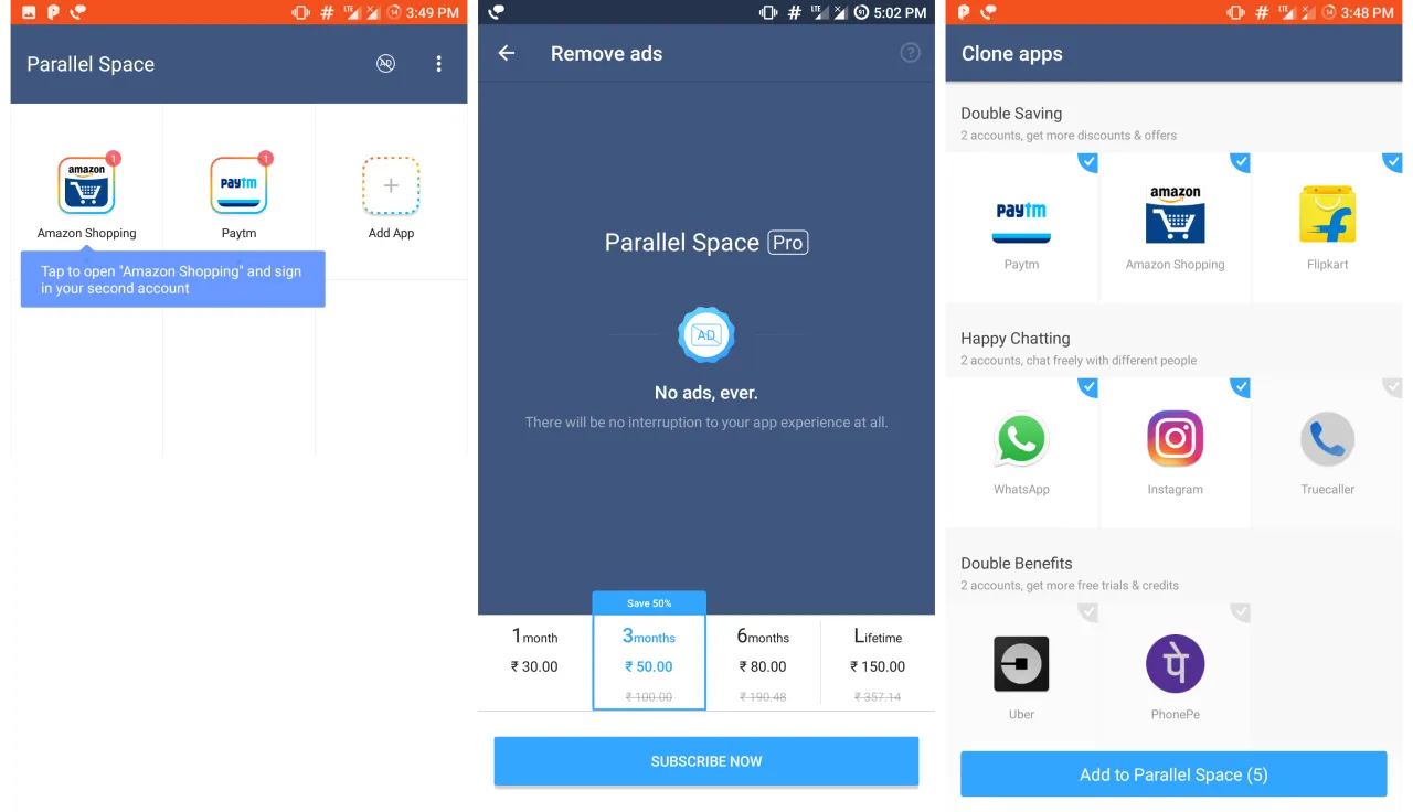 aplikacja Parallel Space interfejs, klonowanie aplikacji android