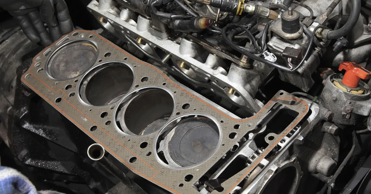 Uszczelka pod głowicą silnika, gotowa do montażu. Widać otwory na cylindry i elementy bloku silnika.