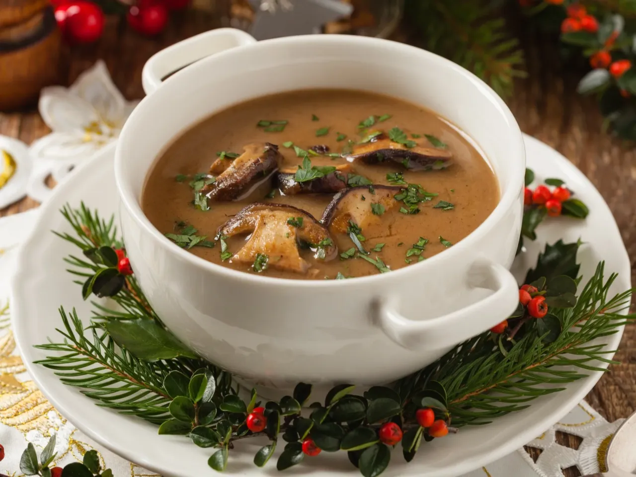 Zupa krem grzybowa i barszcz wigilijny z uszkami