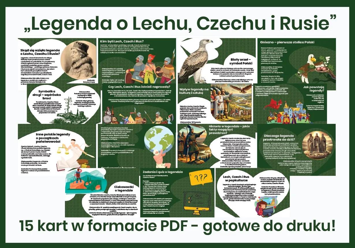 Plakat edukacyjny o baśni o Lechu, Czechu i Rusie. Zawiera ilustracje i teksty dotyczące początk&oacute;w państwowości, symboliki i kultury.