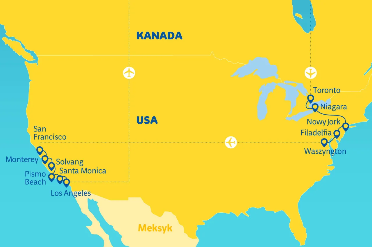 Mapa lotów Warszawa Waszyngton, samolot na tle mapy