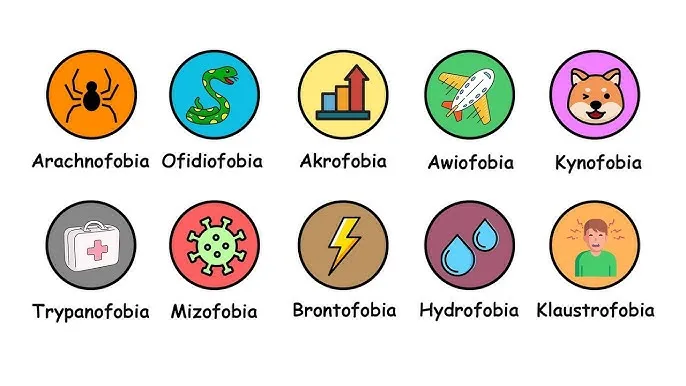 infografika przedstawiająca różne rodzaje fobii z ikonami