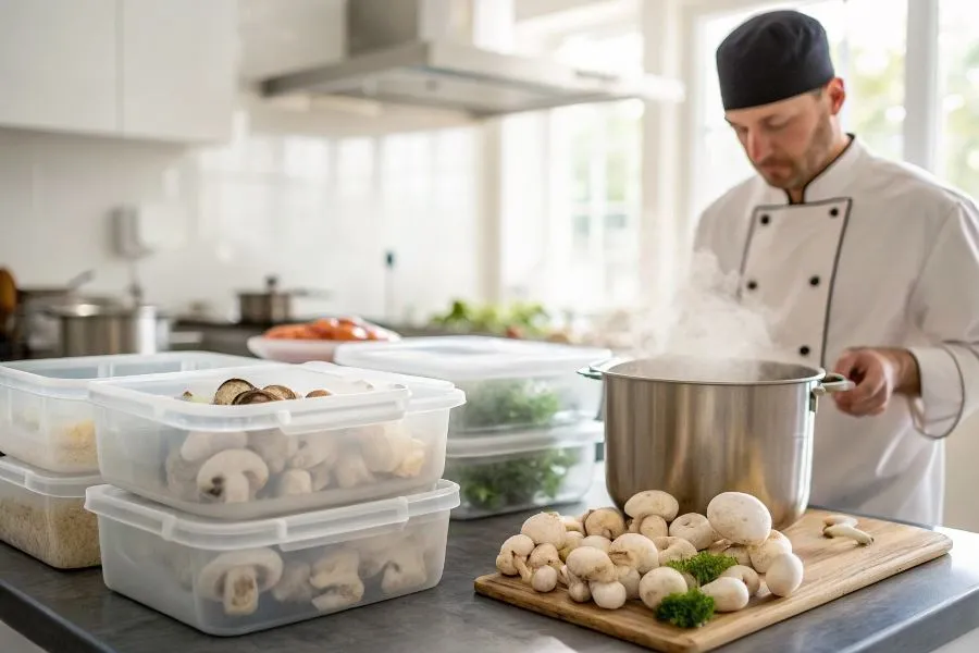 Blanszowane pieczarki przed mrożeniem