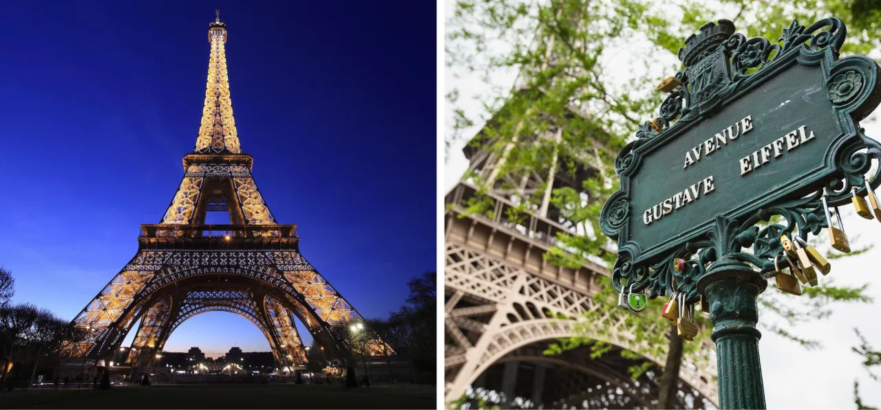 Wieża Eiffla, która ma już ponad 130 lat, nocą i w dzień. Na tablicy 