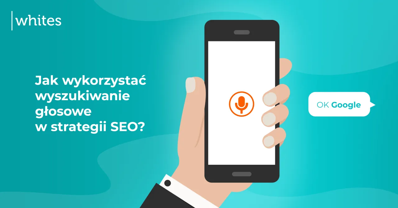 Dłoń trzyma smartfon z ikoną mikrofonu, obok dymek z napisem 