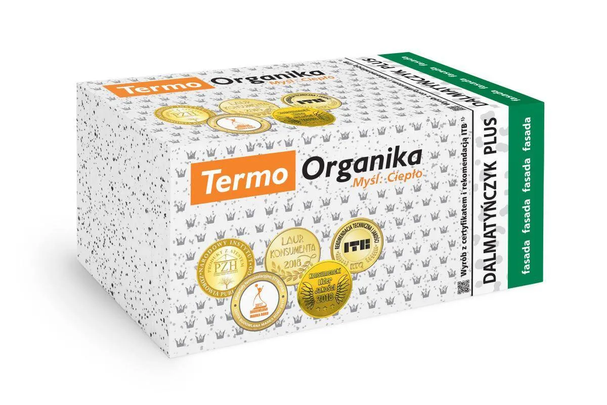 Opakowanie styropianu Termo Organika 20 cm. Ile w paczce? Na boku zielony napis 