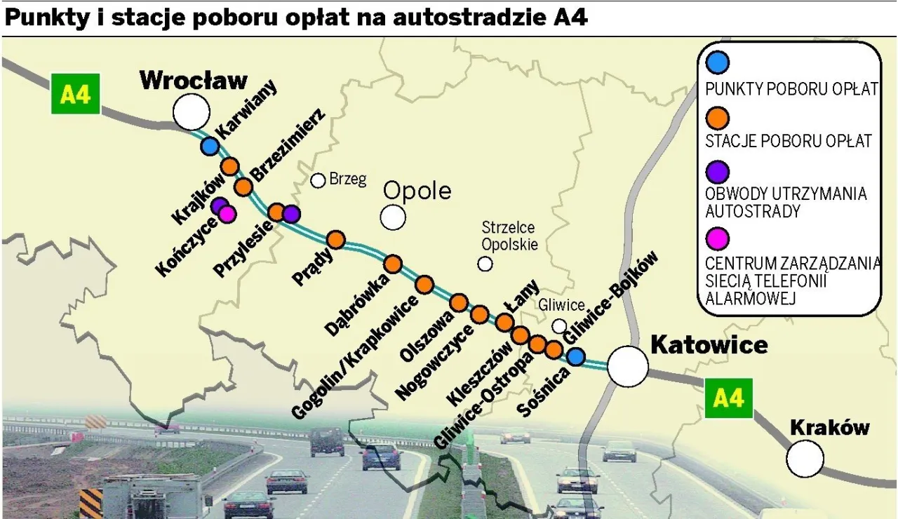 autostrada A4 do Wrocławia mapa płatnych odcink&oacute;w