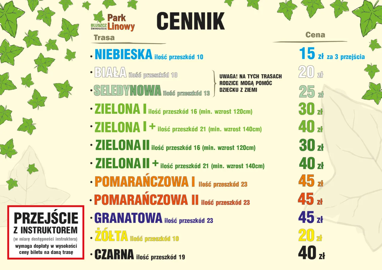 Park linowy Uniejów cennik trasy