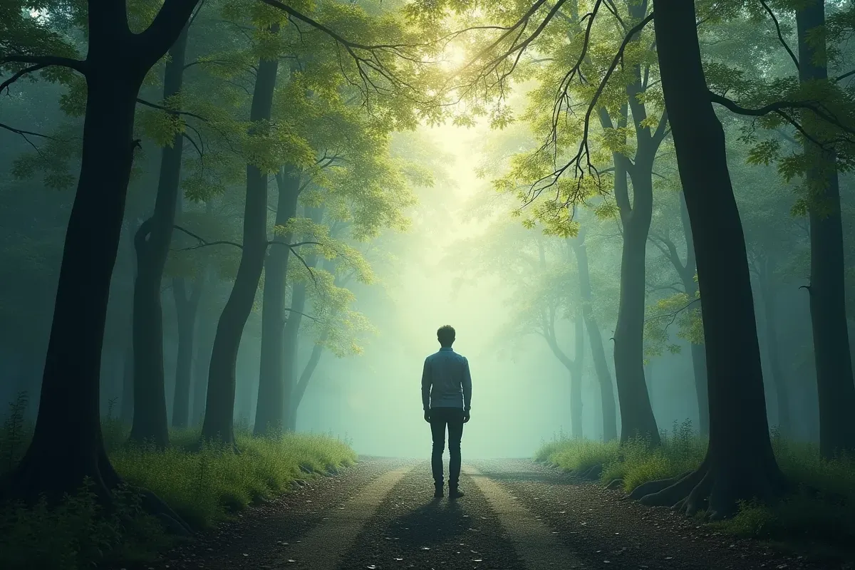 Granica między zdrową złożonością a zaburzeniem psychicznym, symbolizowana przez dwie ścieżki