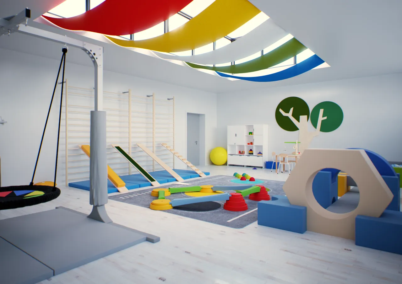 sala do integracji sensorycznej, dziecko na huśtawce sensorycznej, terapeuta z dzieckiem w sali SI