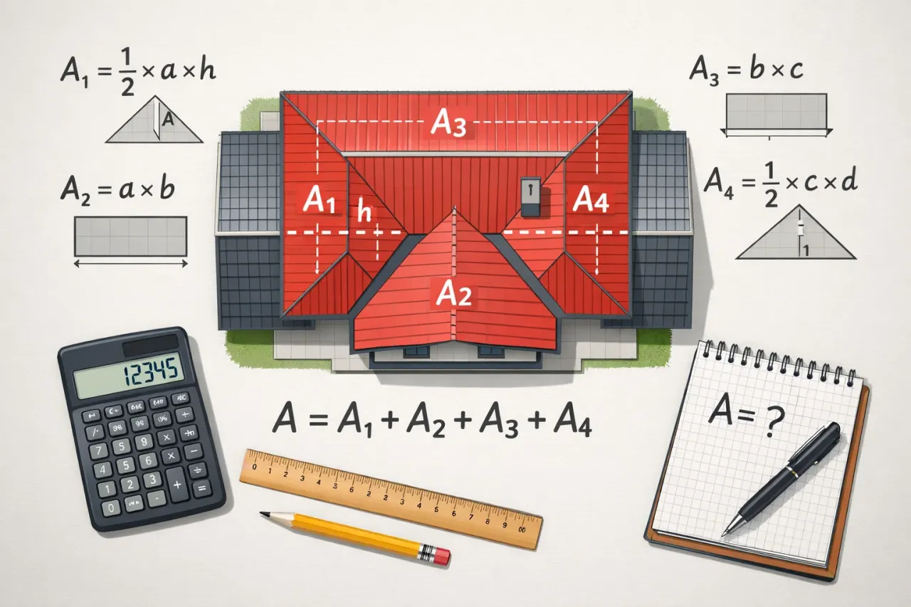 Ilustracja pokazuje, jak obliczyć powierzchnię dachu, dzieląc go na prostokąty i trójkąty. Widać wzory matematyczne i narzędzia pomiarowe.