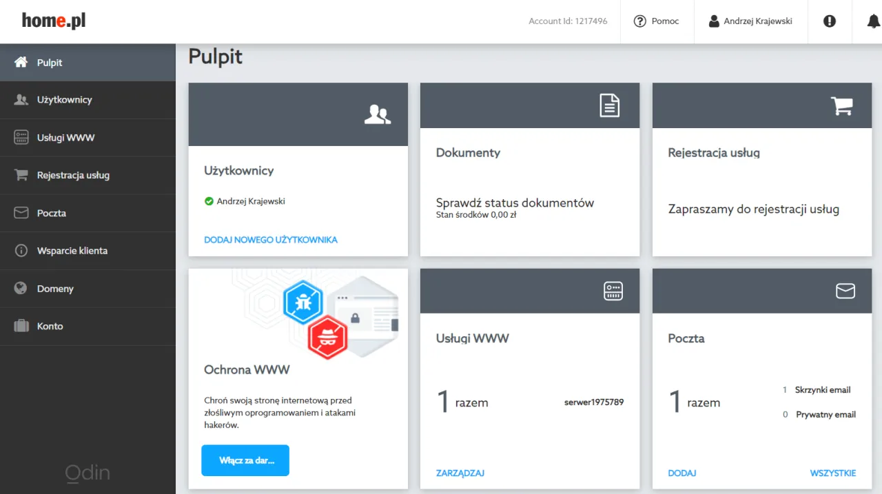 home.pl panel zarządzania domeną