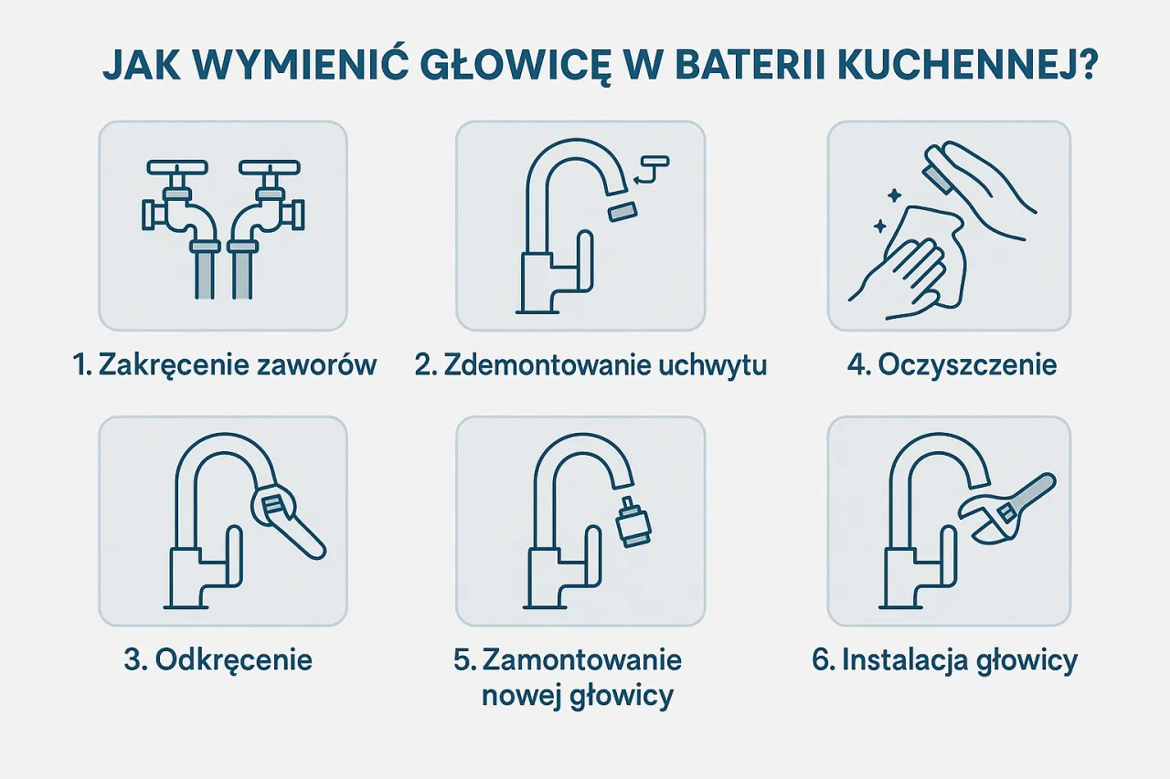 Instrukcja krok po kroku: jak odkrecic glowice w kranie. Zamknij zawory, zdemontuj uchwyt, odkręć starą głowicę, wyczyść, zamontuj nową i zainstaluj.