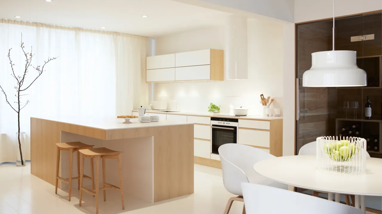 wyspa kuchenna z głębokim blatem i miejscem do siedzenia