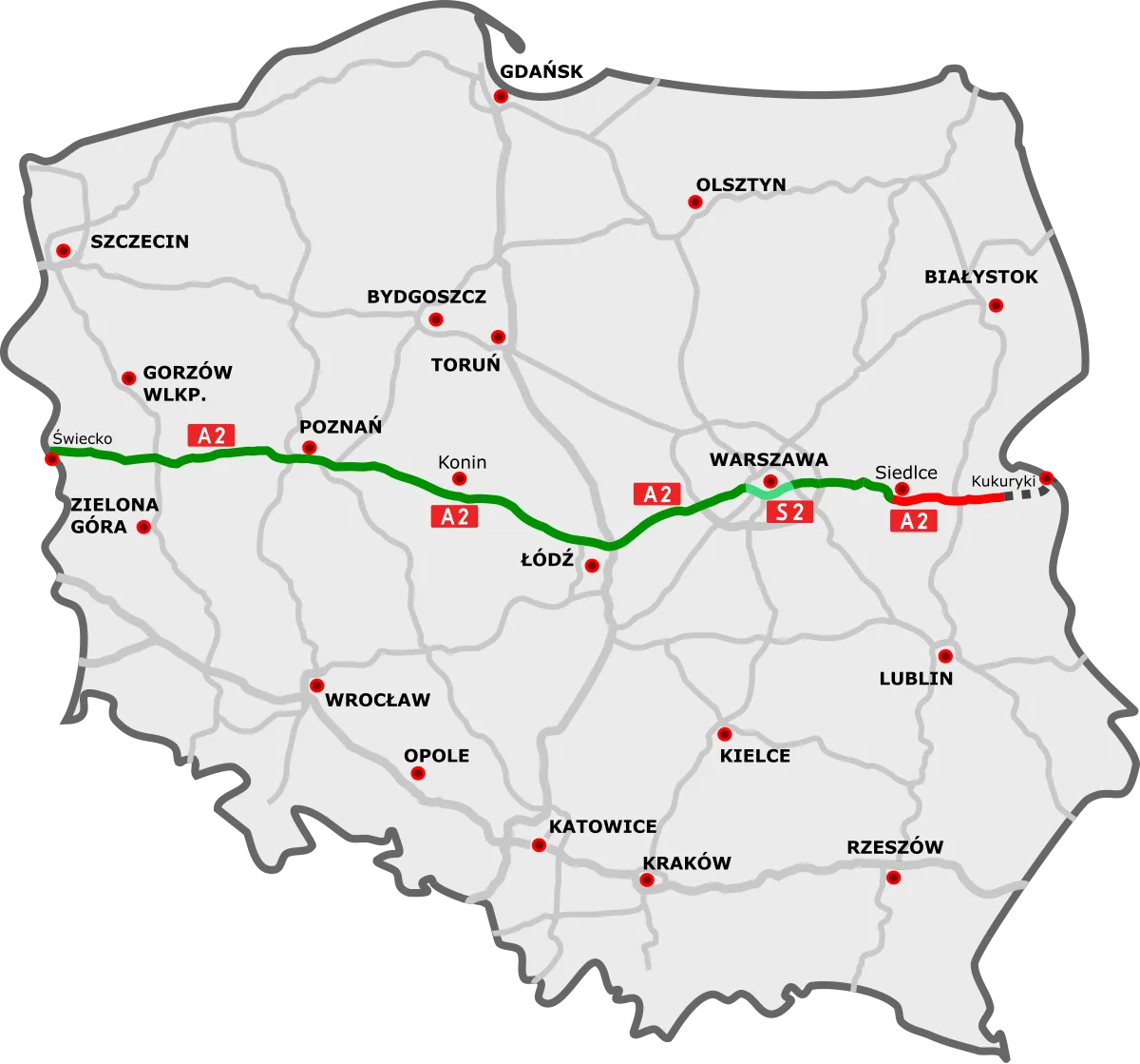 Mapa trasy Holandia Polska autostrady A2 A4