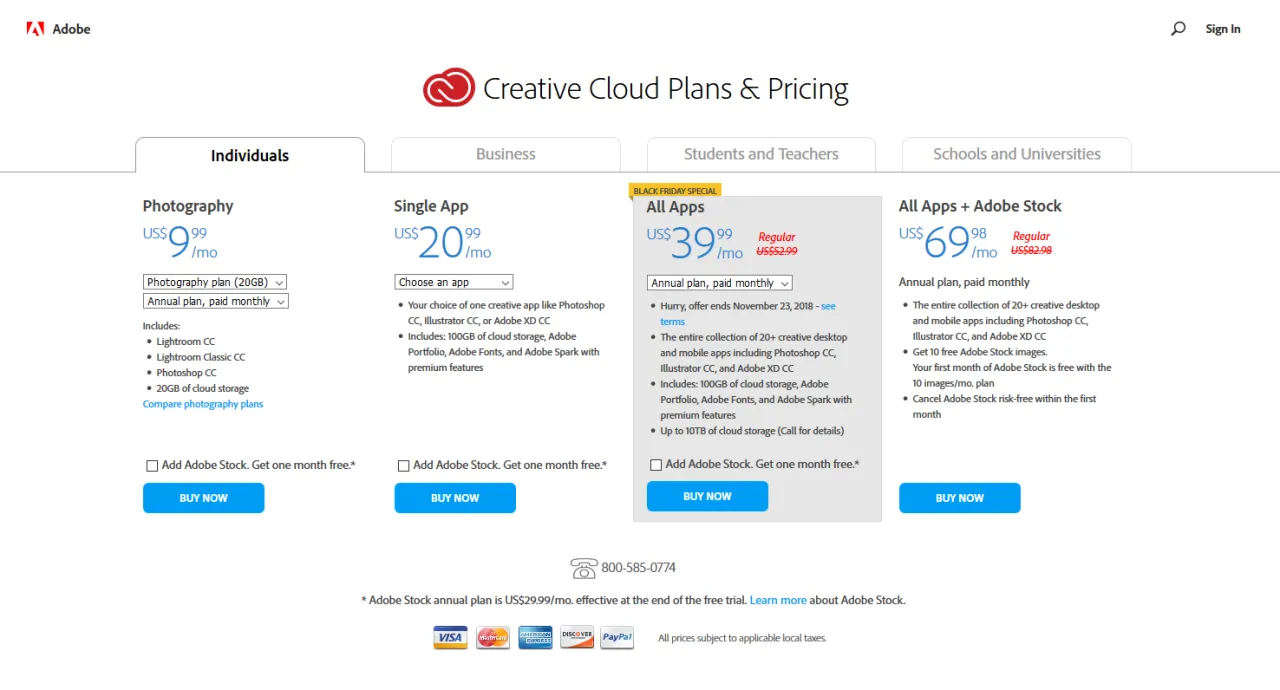 Adobe Creative Cloud pricing plans comparison