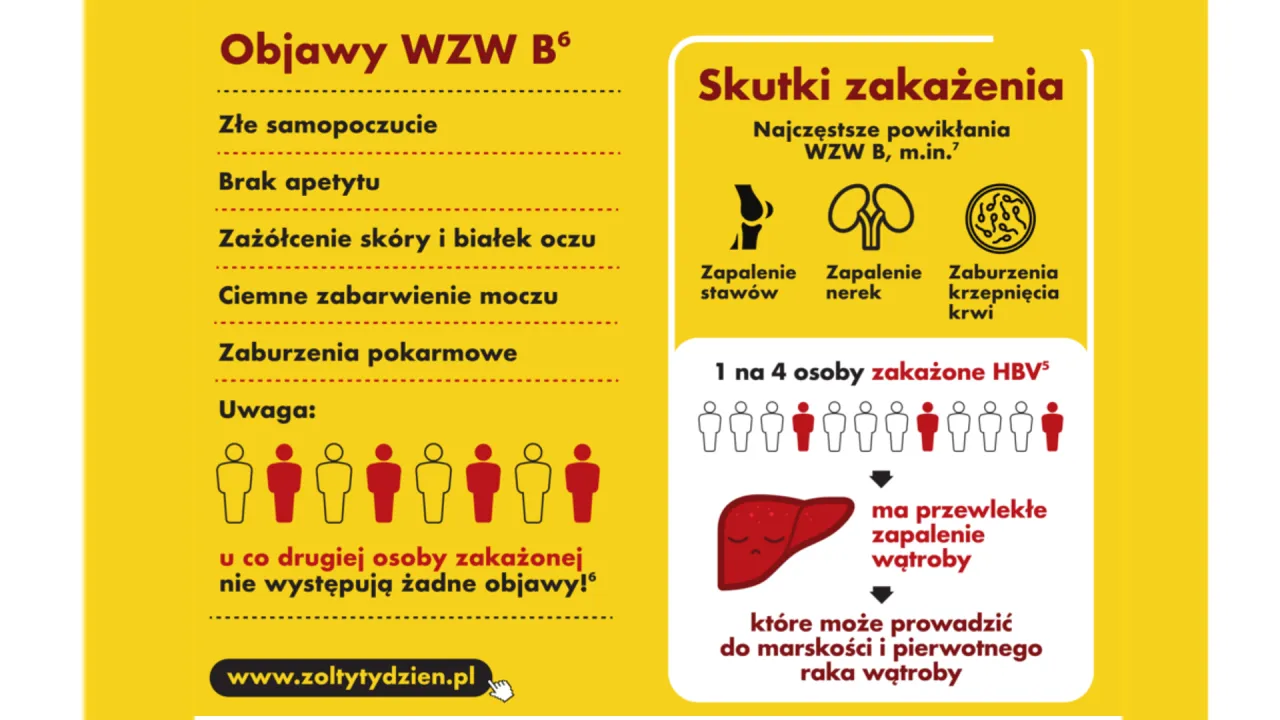 Objawy WZW B: złe samopoczucie, brak apetytu, zażółcenie skóry i białek oczu, ciemne zabarwienie moczu. Skutki: zapalenie stawów, nerek, zaburzenia krzepnięcia krwi.