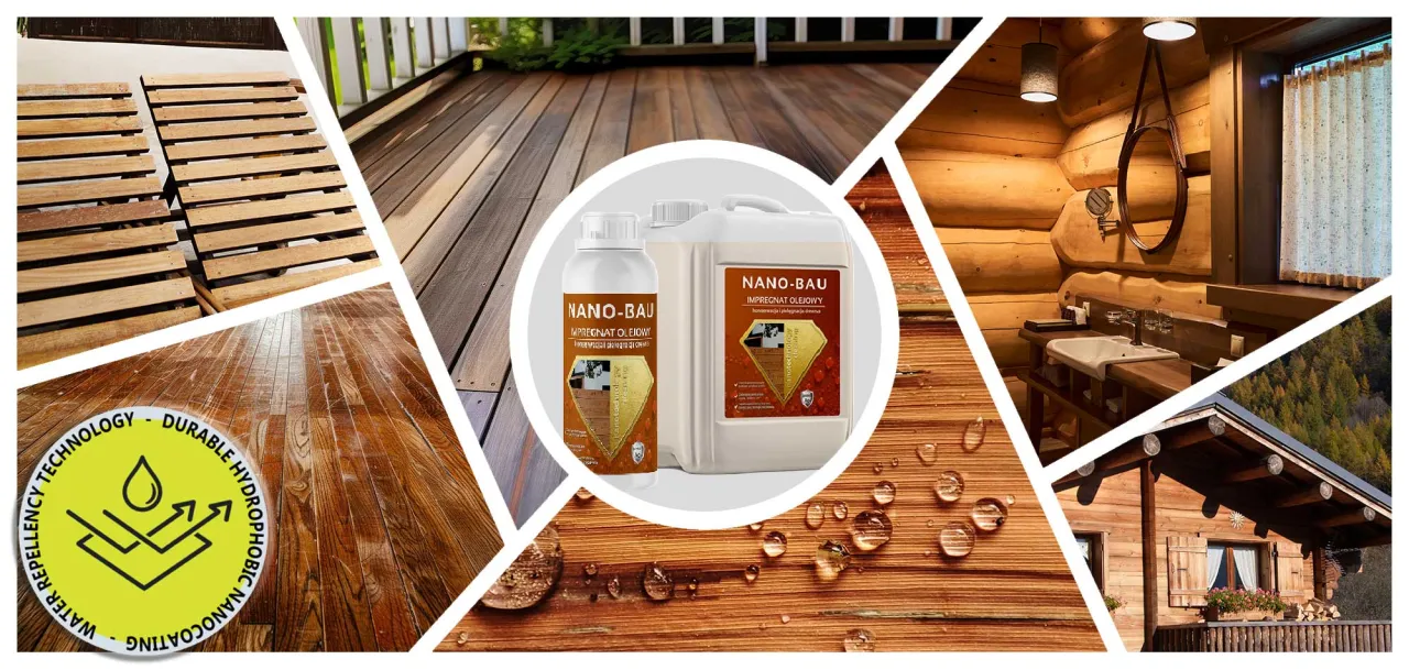 Jak wyczyścić dom z bali? Impregnat Nano-Bau chroni drewno, tworząc hydrofobową powłokę. Zobacz efekty na tarasie i w łazience.