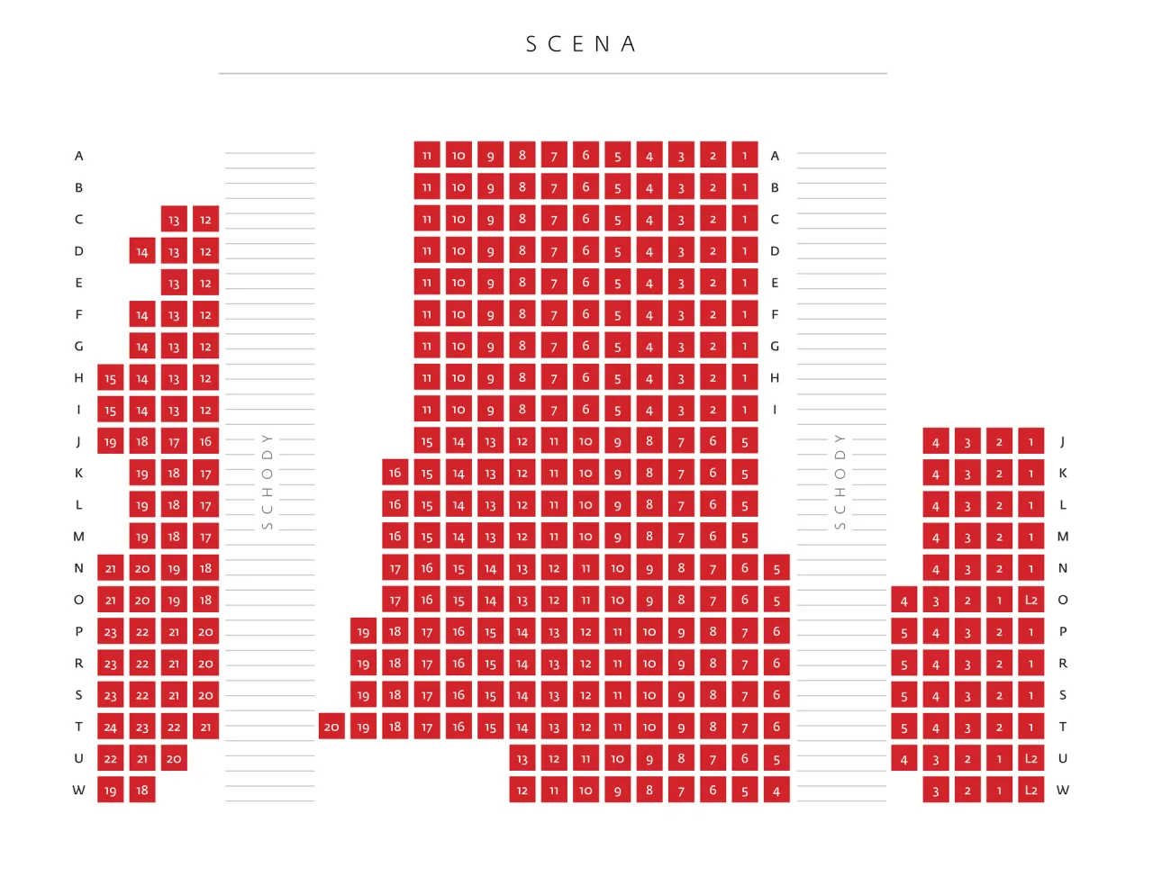 Schemat widowni teatralnej z cenami biletów. Ceny wahają się od 1 do 24, pokazując, ile kosztują bilety do teatru w zależności od miejsca.