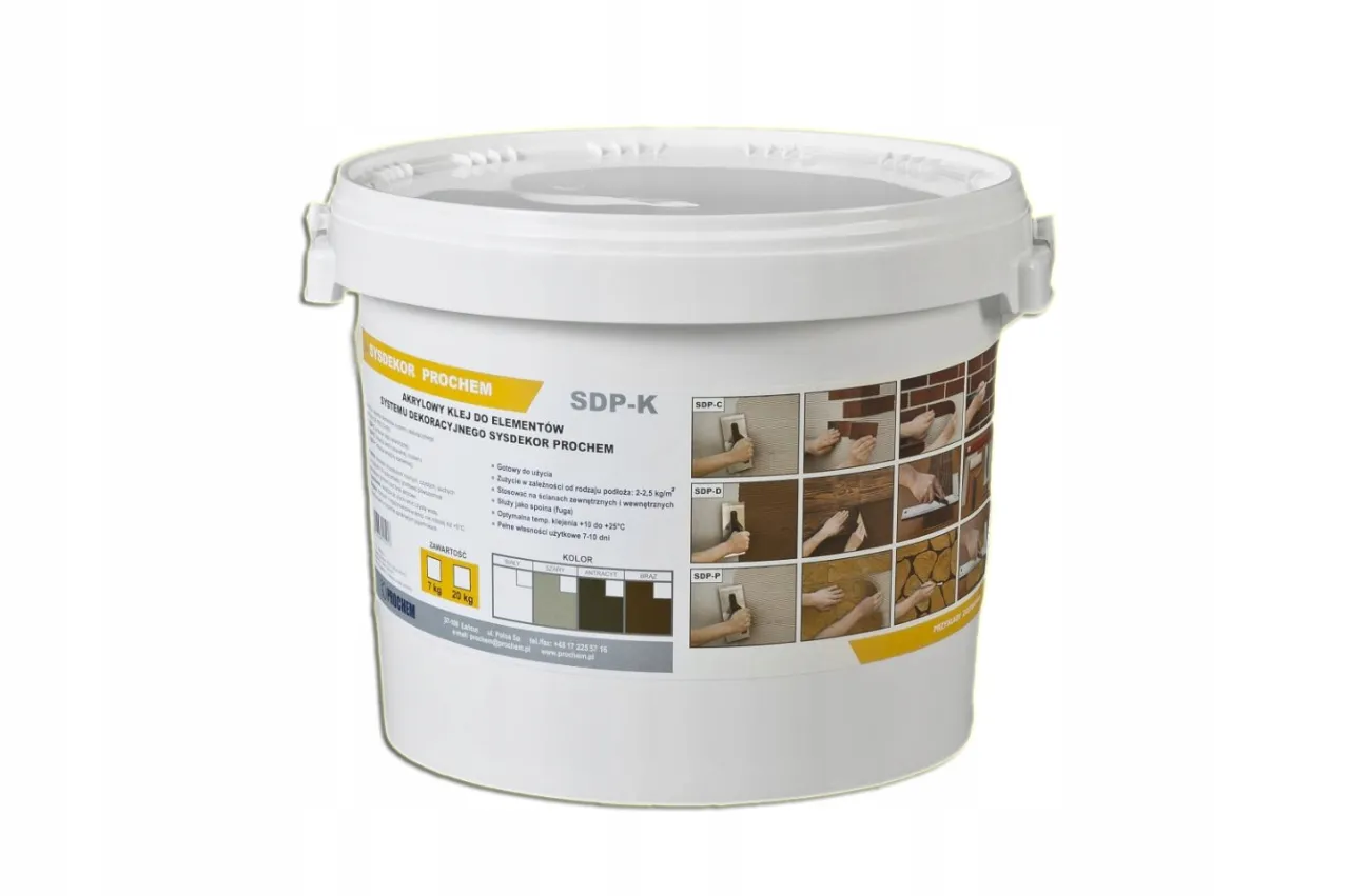 Wiadro z klejem akrylowym Sysdekor Prochem SDP-K. To idealny klej do cegły dekoracyjnej, gotowy do użycia.
