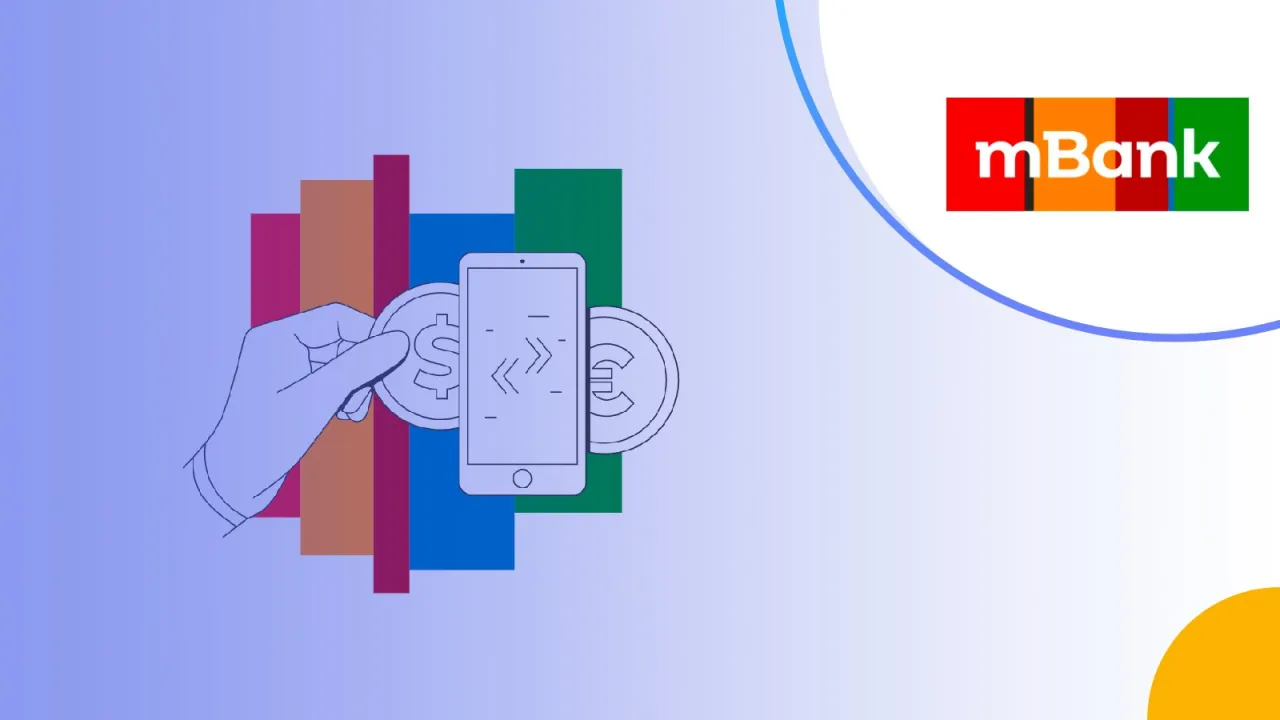 Jak wpłacić euro na konto walutowe mBank? Grafika pokazuje rękę wkładającą monetę z symbolem dolara do telefonu, obok moneta z symbolem euro.