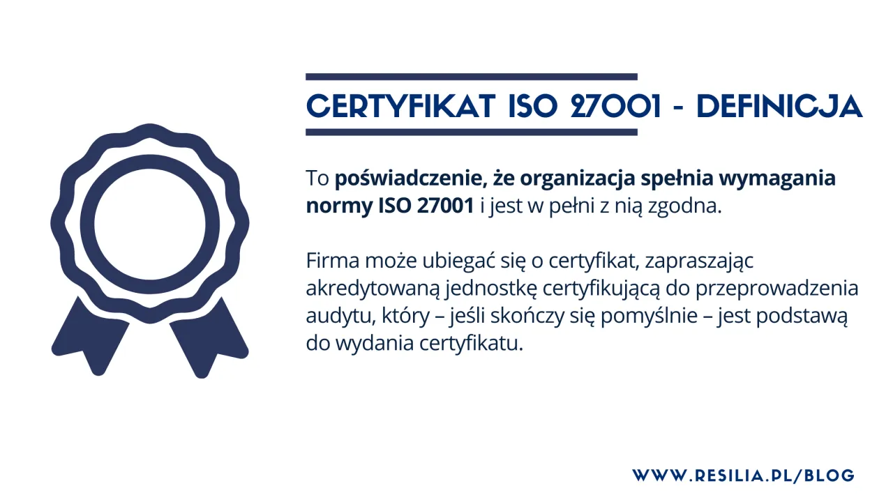 Certyfikat ISO 27001 potwierdza, że bezpieczeństwo informacji zgodnie z definicją normy ISO 27000 jest spełnione.