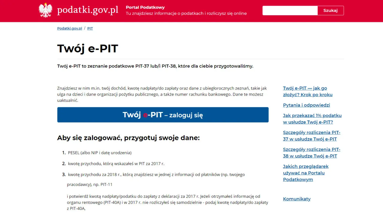Usługa Tw&oacute;j e-PIT, ekran logowania, przykład zeznania