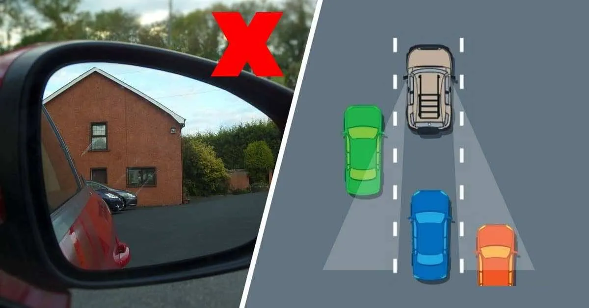 schemat martwego pola w samochodzie i prawidłowe ustawienie lusterek