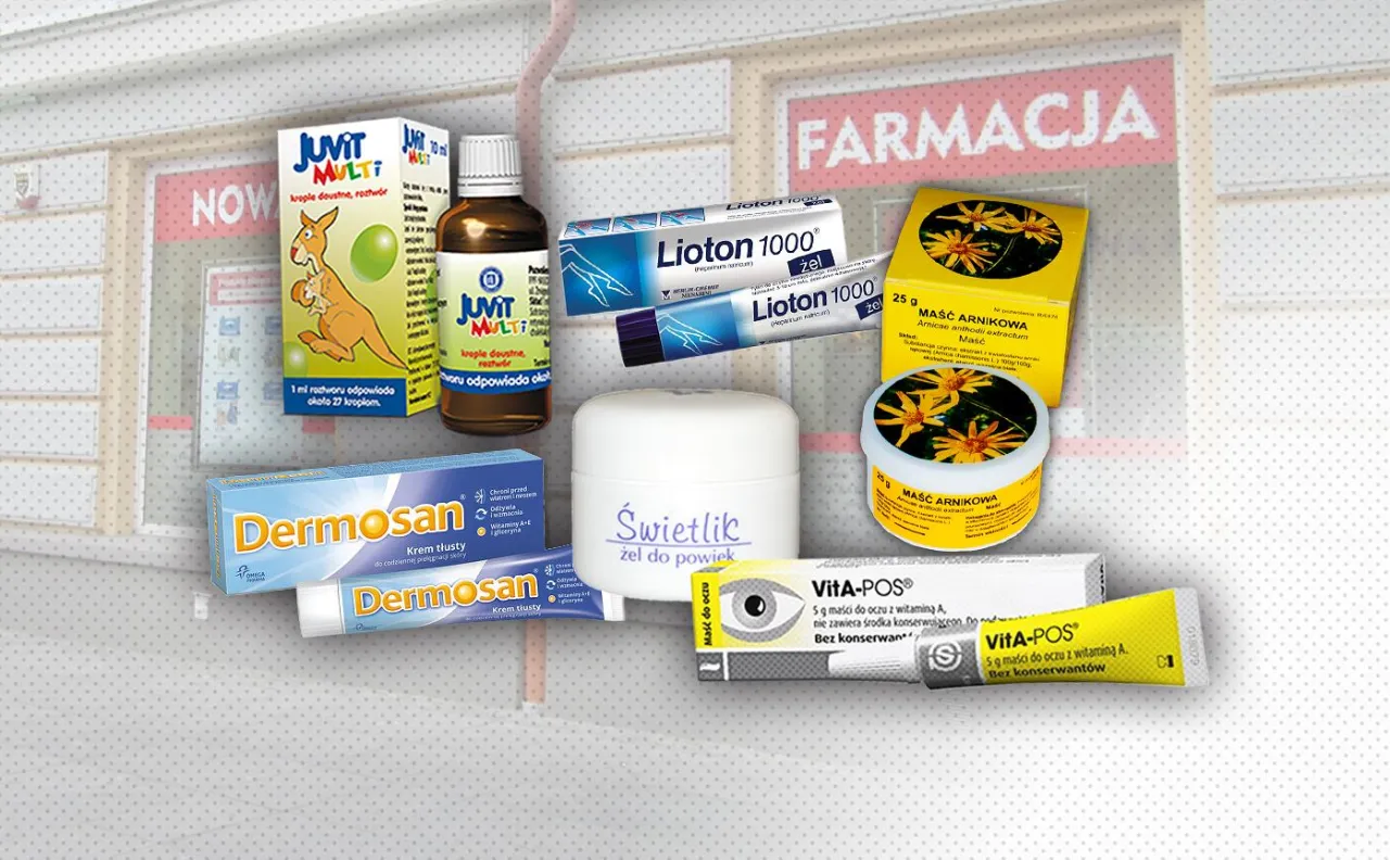 Tanie kosmetyki z apteki które działają cuda: Juvit Multi, Lioton 1000, Dermosan, Maść Arnikowa, Świetlik, Vita-POS.