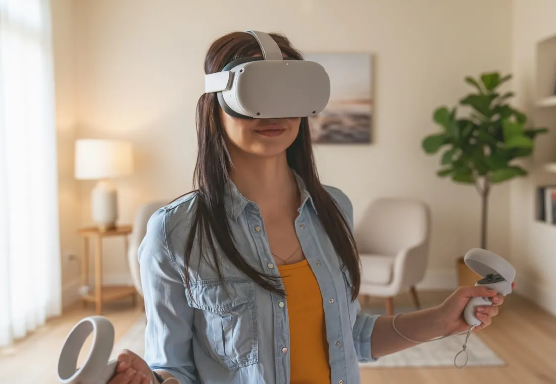 Osoba korzystająca z gogli VR robiąca przerwę i patrząca w dal