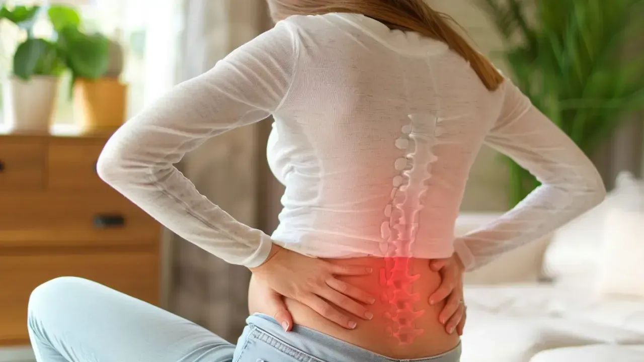 kobieta w ciąży odczuwająca silny ból pleców, zaniepokojona