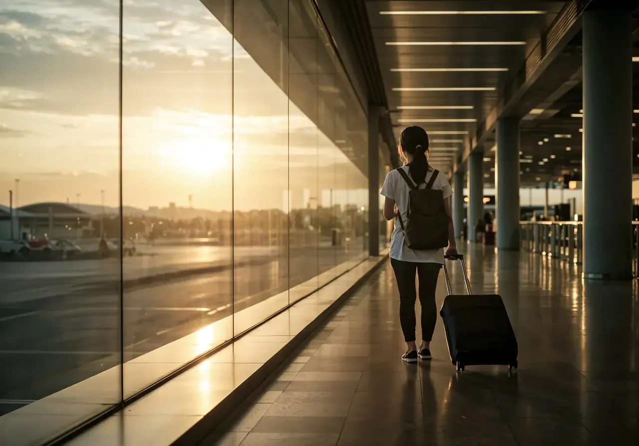 Kobieta z walizką idzie przez lotnisko. Zastanawia się, ile trwa odprawa na lotnisku, gdy słońce zachodzi za oknem.
