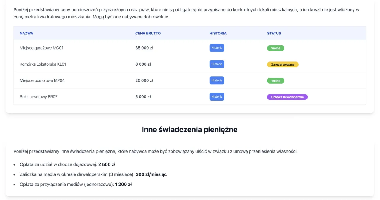 Strona internetowa dewelopera z widocznymi cenami mieszkań i historią zmian