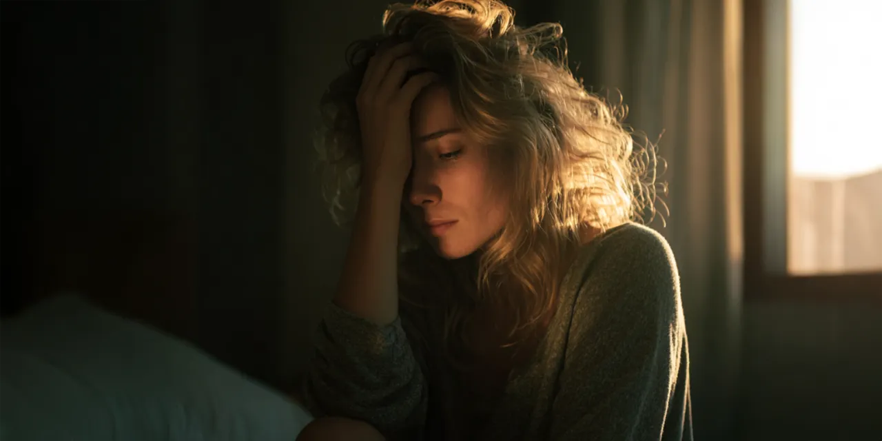 Frau mit Gehirnnebel, verwirrt, Kopf haltend