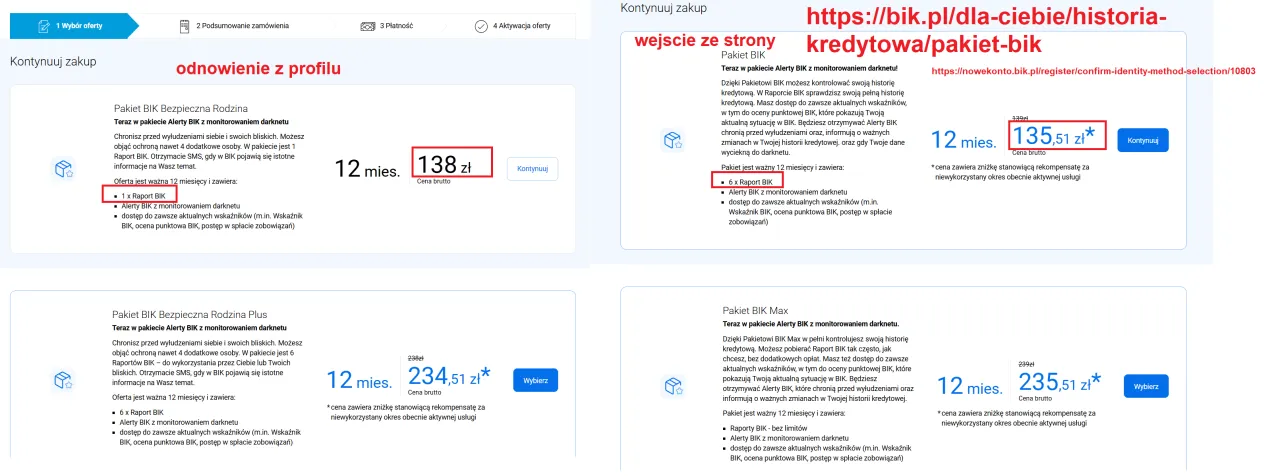 Oferty pakietów BIK: Bezpieczna Rodzina (1x Raport BIK, alerty BIK) za 138 zł, Bezpieczna Rodzina Plus (6x Raport BIK, alerty BIK) za 234,51 zł, BIK Max (bez limitu Raport BIK, alerty BIK).