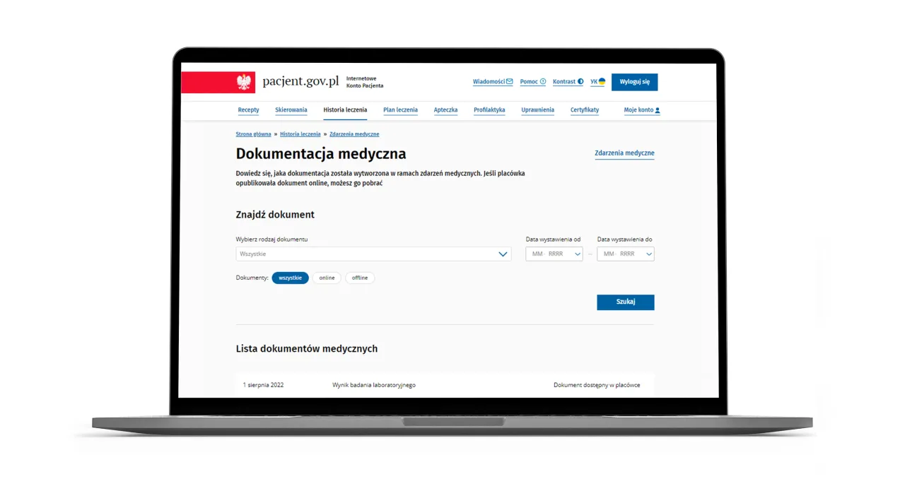 Osoba korzystająca z laptopa w celu sprawdzenia wynik&oacute;w badań medycznych