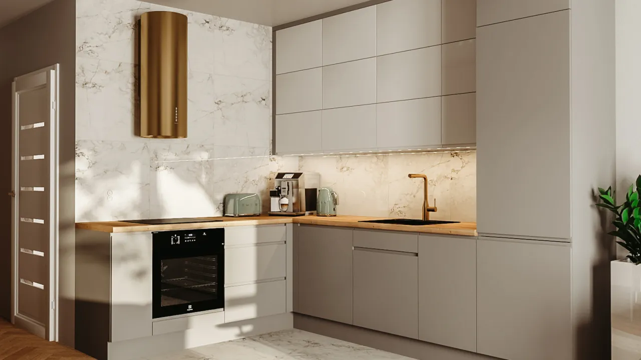 Mała kuchnia w bloku jasne kolory i połysk