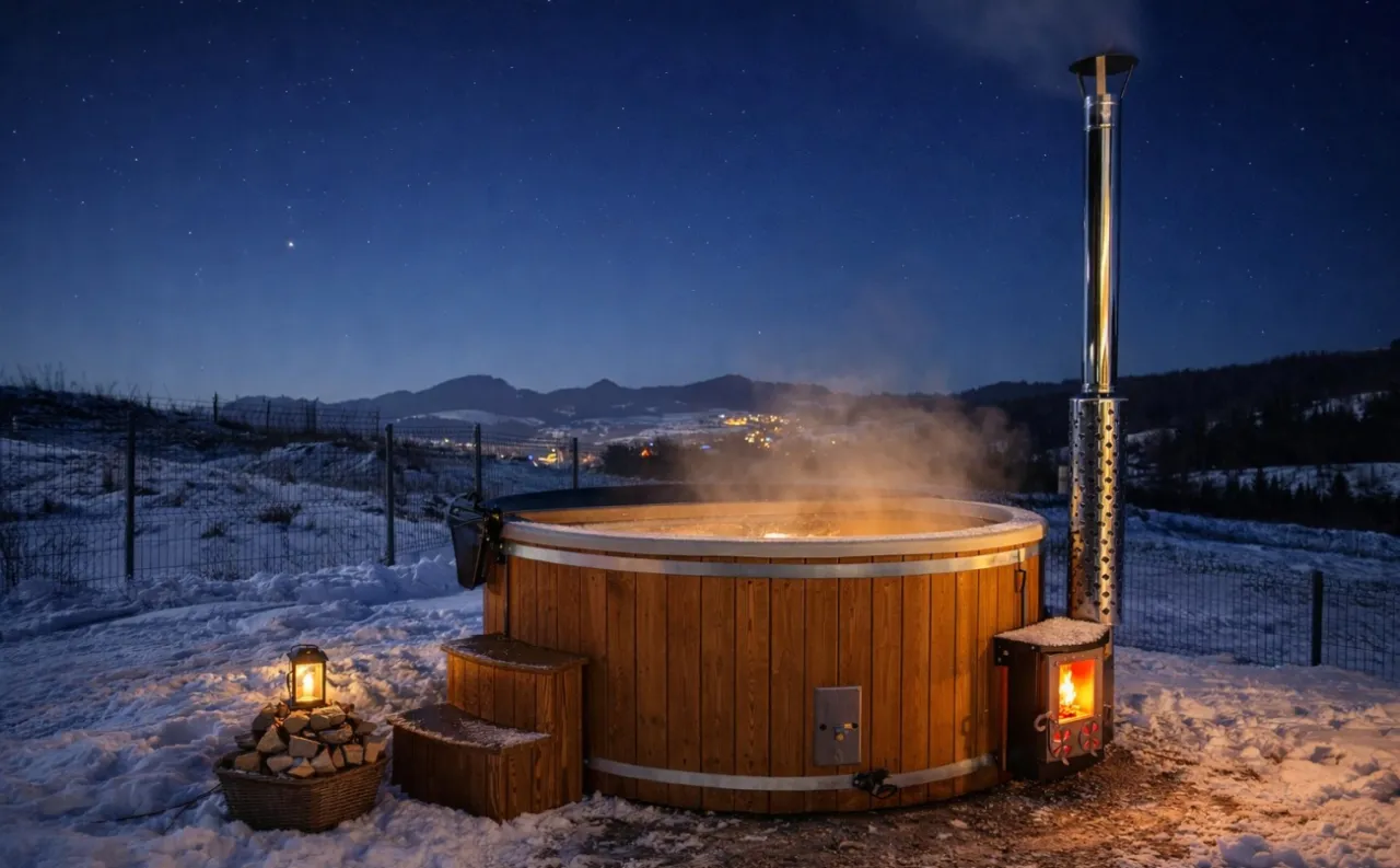 Zewnętrzna balia ogrodowa z widokiem na ośnieżone g&oacute;ry i rozgwieżdżone niebo