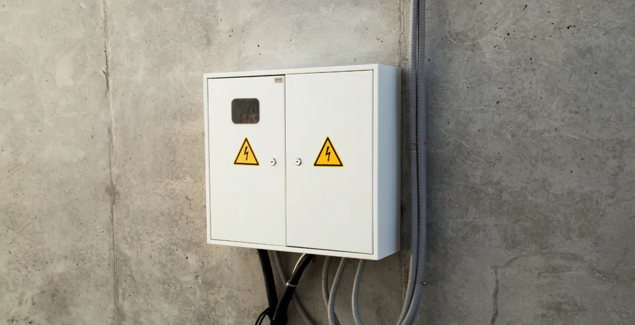 Biała skrzynka elektryczna z żółtymi symbolami ostrzegawczymi. Zastanawiasz się, ile kosztuje przyłącze elektryczne?
