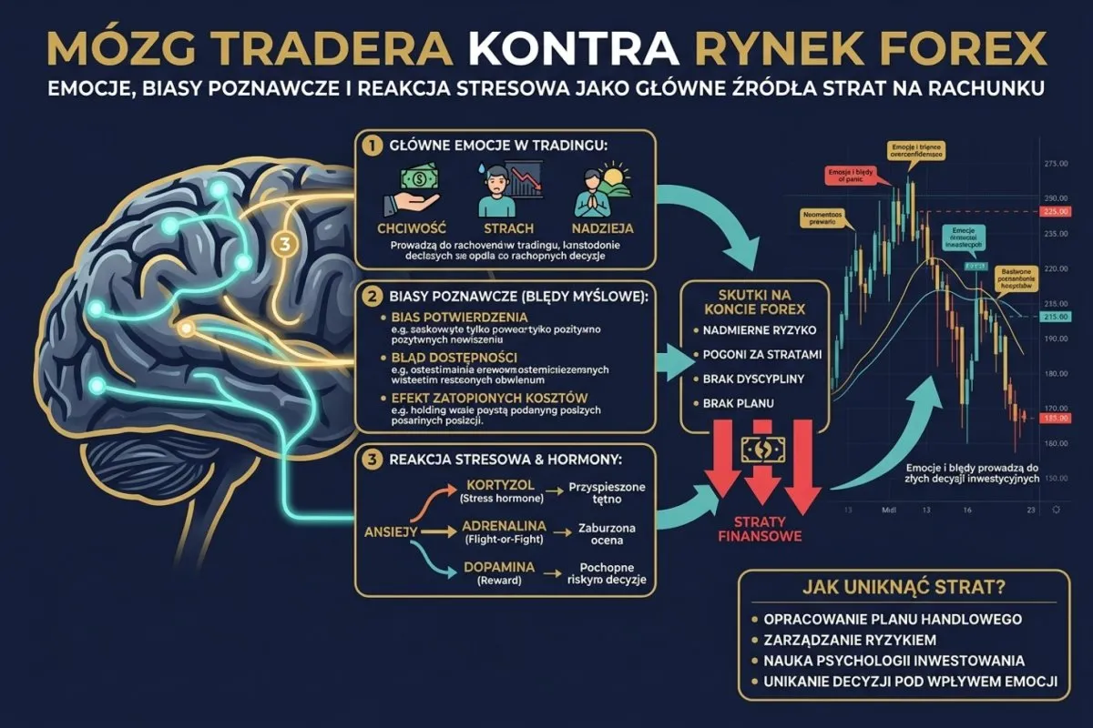 M&oacute;zg tradera kontra rynek Forex: emocje, błędy poznawcze i reakcja stresowa jako źr&oacute;dła strat. Schemat pokazuje, jak te czynniki wpływają na podejmowanie decyzji i prowadzą do strat finansowych.