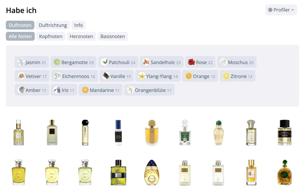 Parfumflaschen und Duftnoten &Uuml;bersicht