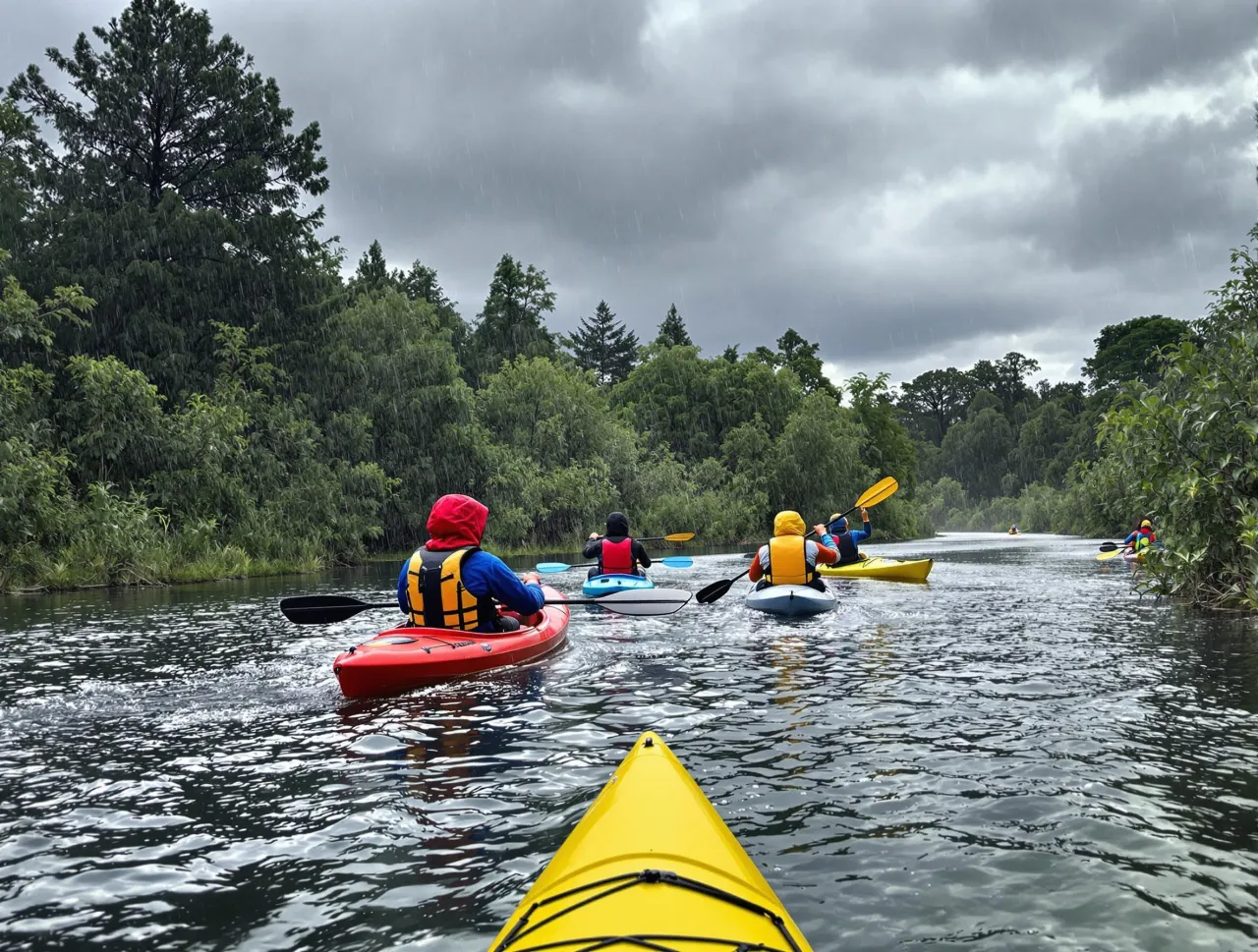 kajakarz w kurtce przeciwdeszczowej, spływ kajakowy w deszczu, warstwowy ubi&oacute;r na kajak