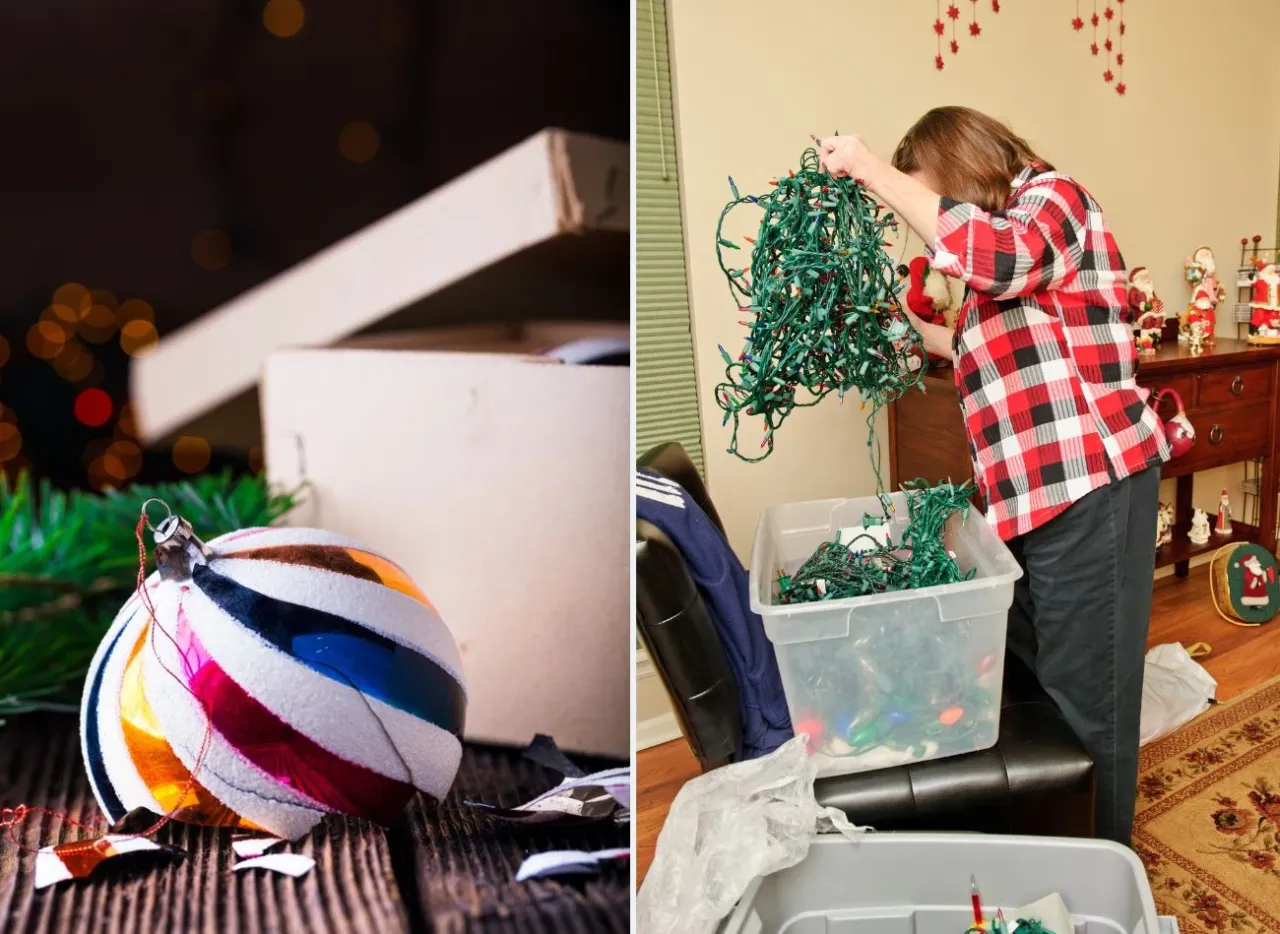 Kiedy zdejmować ozdoby świąteczne? Zepsuta bombka i plączące się lampki w pudełkach sugerują koniec świąt.