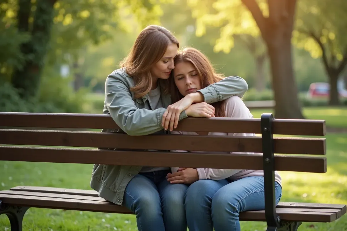 dwie osoby rozmawiające, jedna pociesza drugą, symbolizujące wsparcie w trudnej sytuacji