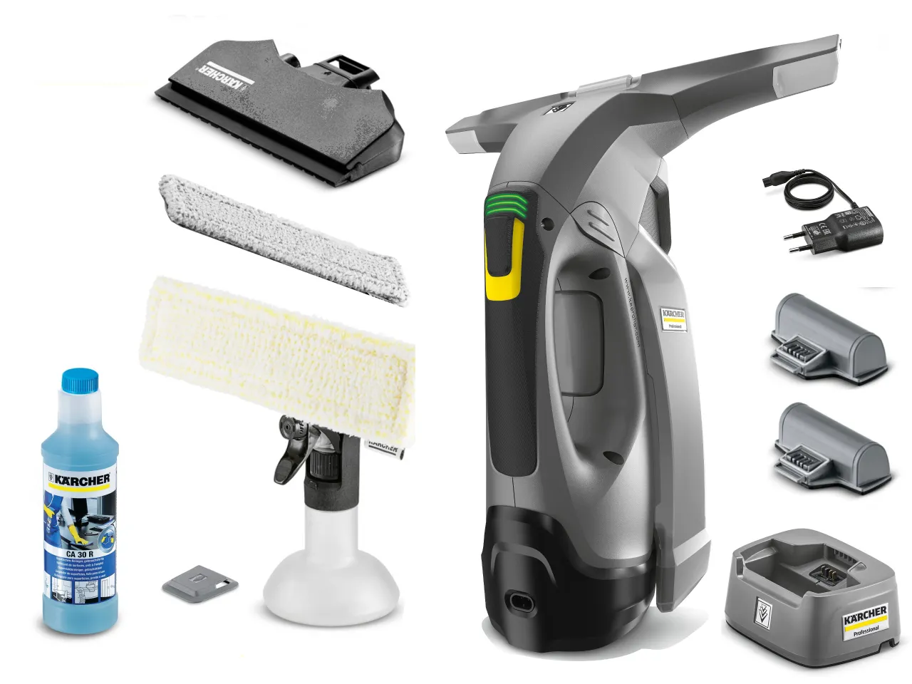 Akcesoria do mycia okien Karcher: myjka, płyn, ściereczki, ładowarka. Zobacz, jak myć okna myjką Karcher.