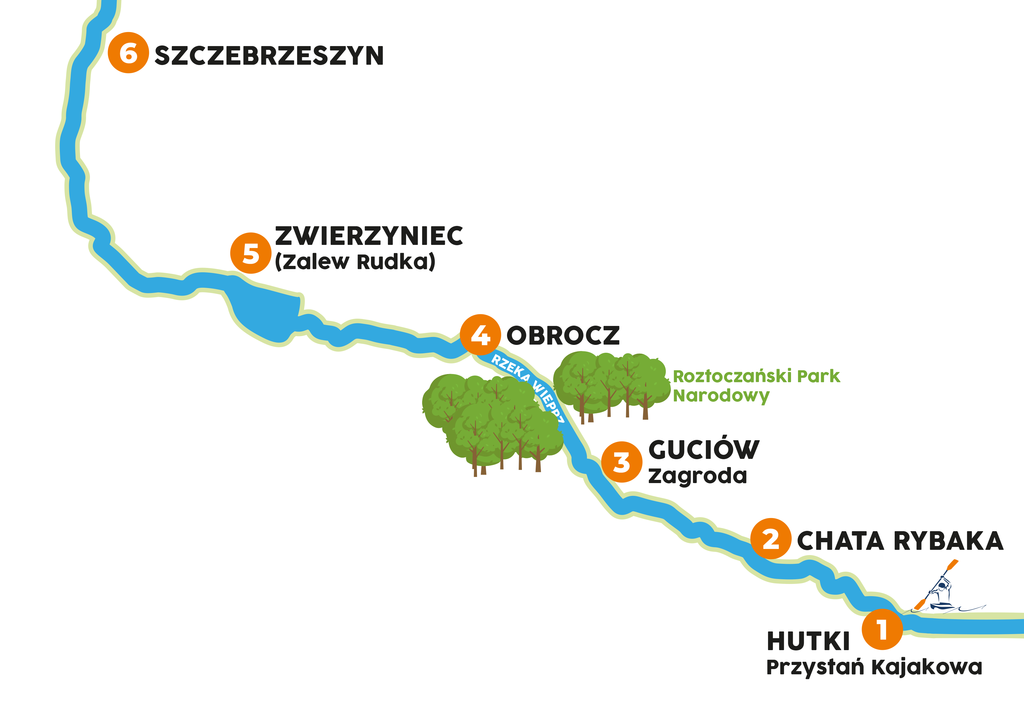 Mapa szlaków kajakowych Wieprz Roztocze