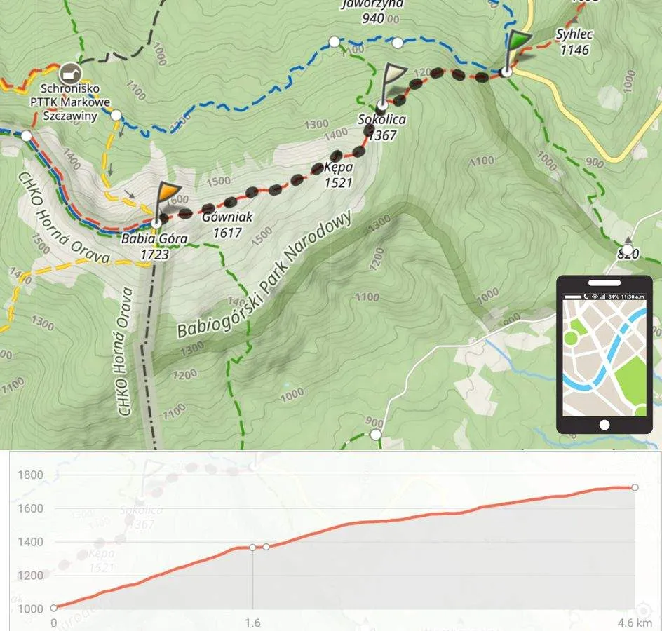 Mapa szlaków Babia Góra schronisko Przełęcz Krowiarki