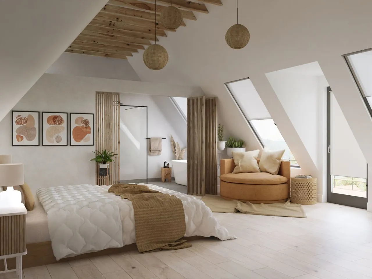 sypialnia na poddaszu z drewnianymi belkami