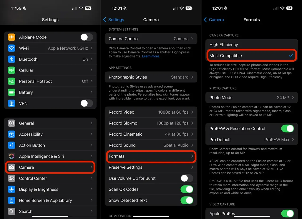 ustawienia aparatu iphone format heic